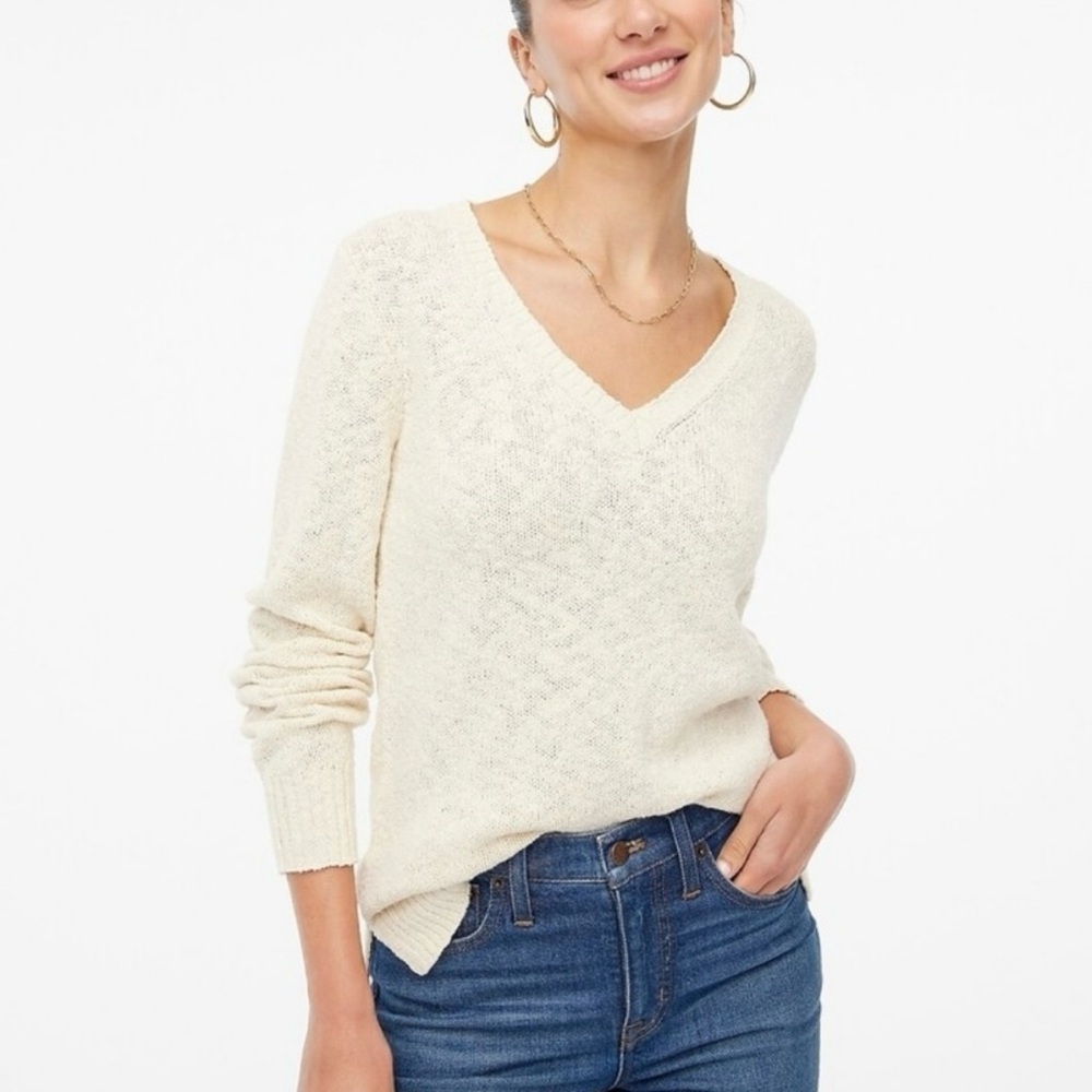 J CREW FACTORY V-Neck Slub Cotton Cream Sweater